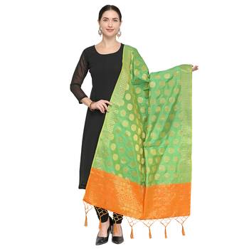 Lime Green Woven Banarasi Silk Dupatta For Women 1