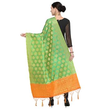 Lime Green Woven Banarasi Silk Dupatta For Women 2