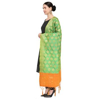 Lime Green Woven Banarasi Silk Dupatta For Women 3