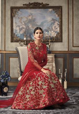 Red embroidered net salwar with dupatta 4