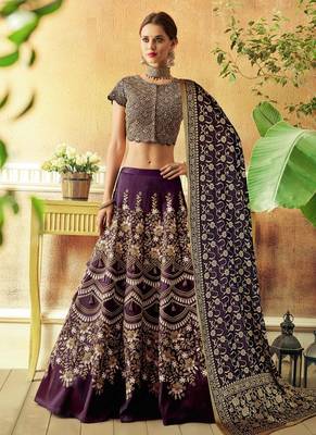 Wine embroidered silk semi stitched lehenga 1