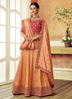 Peach embroidered brocade semi stitched lehenga 1