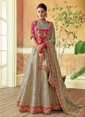 Grey embroidered brocade semi stitched lehenga 1