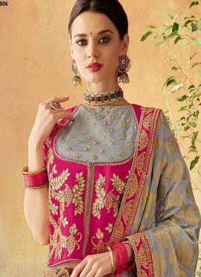 Grey embroidered brocade semi stitched lehenga 2