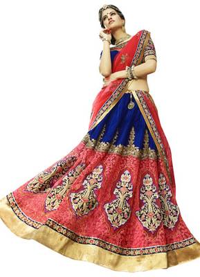 Pink and Navy Blue  Embrodered Stone Hand work  Micro velvet & Net lehenga with Shantoon Inner Round Lehenga Choli 1