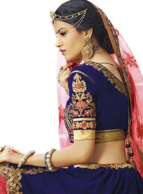 Pink and Navy Blue  Embrodered Stone Hand work  Micro velvet & Net lehenga with Shantoon Inner Round Lehenga Choli 3