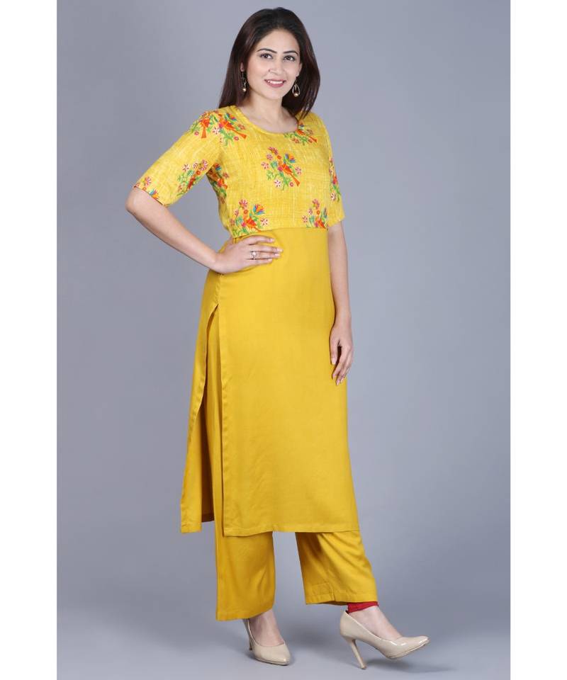 Mustard Birds Cape Straight Kurti with Straight Palazzo