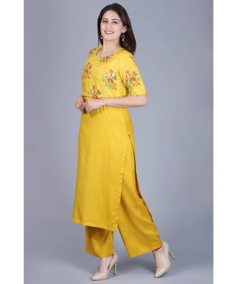 Mustard Birds Cape Straight Kurti with Straight Palazzo