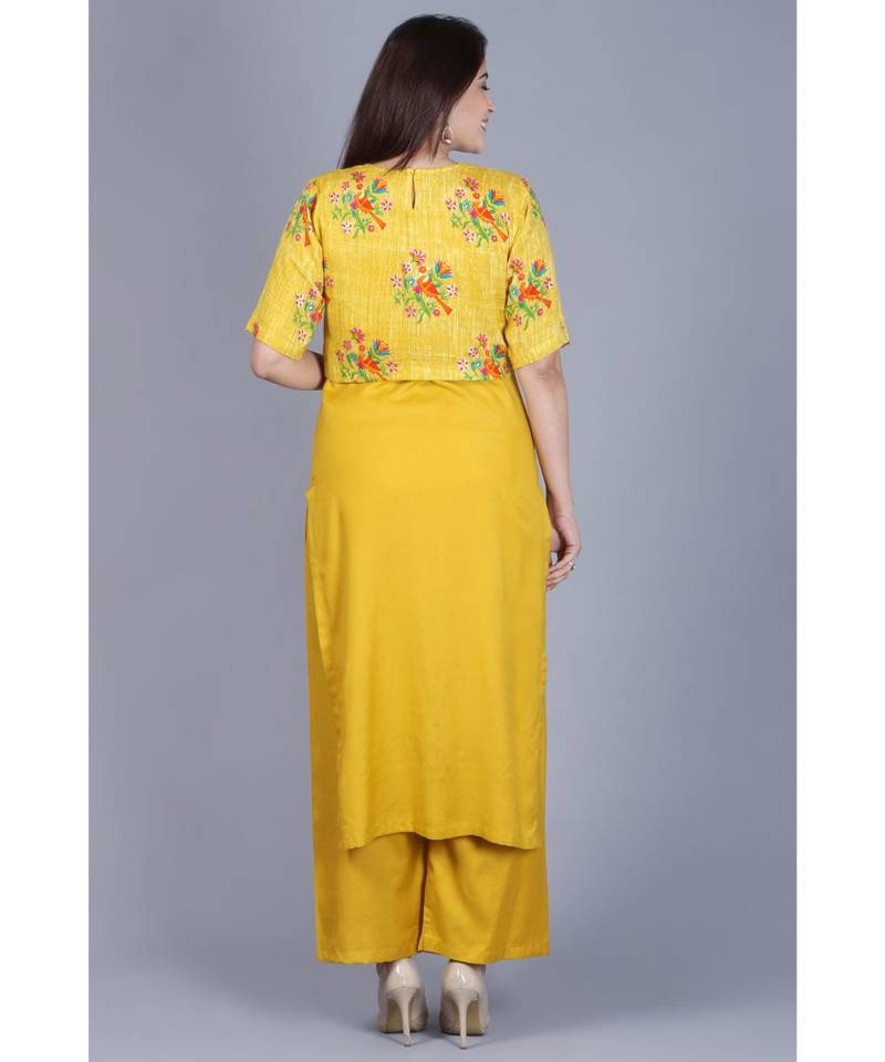 Mustard Birds Cape Straight Kurti with Straight Palazzo