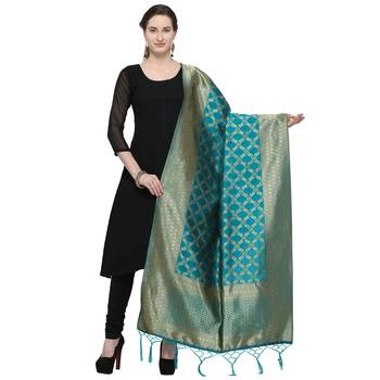 Turquoise Blue Woven Banarasi Silk Dupatta For Women 1