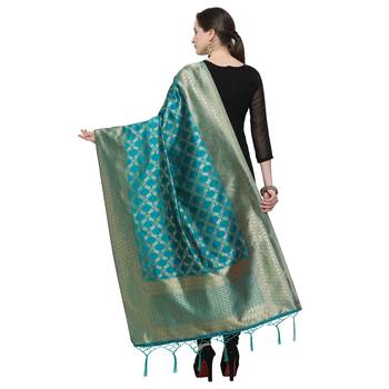 Turquoise Blue Woven Banarasi Silk Dupatta For Women 2