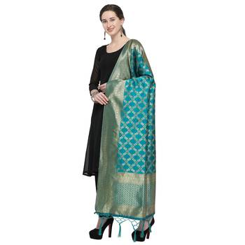 Turquoise Blue Woven Banarasi Silk Dupatta For Women 3