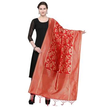 Red Woven Banarasi Silk Dupatta For Women 1