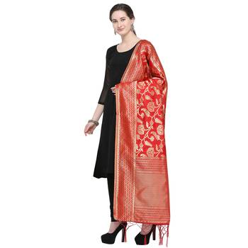 Red Woven Banarasi Silk Dupatta For Women 3
