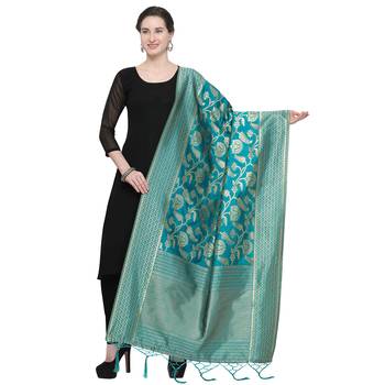 Turquoise Blue Woven Banarasi Silk Dupatta For Women 1