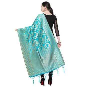 Turquoise Blue Woven Banarasi Silk Dupatta For Women 2