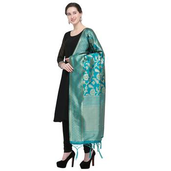 Turquoise Blue Woven Banarasi Silk Dupatta For Women 3