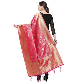 Pink Woven Banarasi Silk Dupatta For Women 2