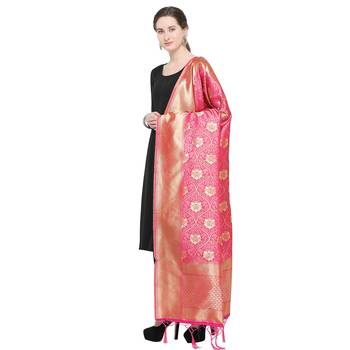Pink Woven Banarasi Silk Dupatta For Women 3
