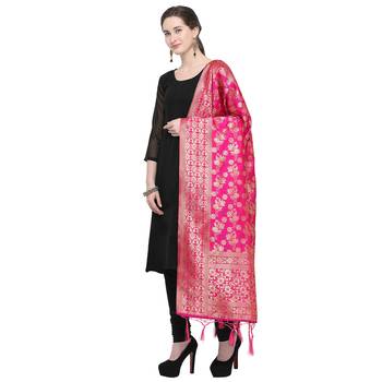Pink Woven Banarasi Silk Dupatta For Women 3