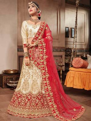 Beige Embroidered Satin Semi Stitched Lehenga With Dupatta 1