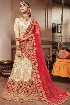 Beige Embroidered Satin Semi Stitched Lehenga With Dupatta