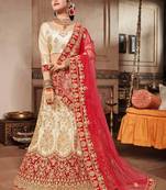 Beige Embroidered Satin Semi Stitched Lehenga With Dupatta