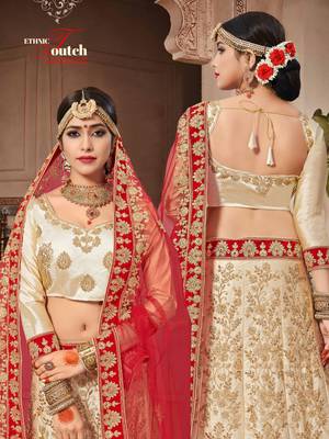 Beige Embroidered Satin Semi Stitched Lehenga With Dupatta 2