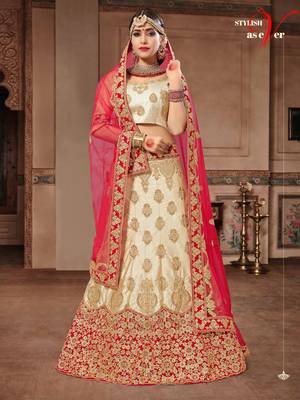 Beige Embroidered Satin Semi Stitched Lehenga With Dupatta 1