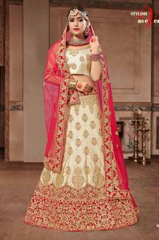 Beige Embroidered Satin Semi Stitched Lehenga With Dupatta
