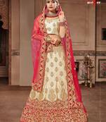 Beige Embroidered Satin Semi Stitched Lehenga With Dupatta