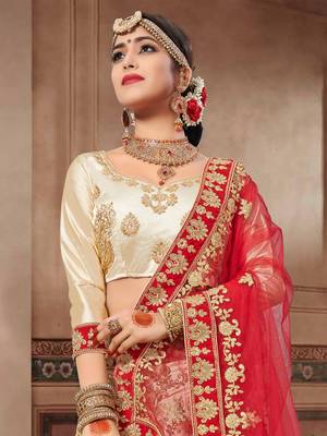 Beige Embroidered Satin Semi Stitched Lehenga With Dupatta 3