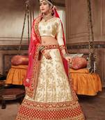 Beige Embroidered Satin Semi Stitched Lehenga With Dupatta