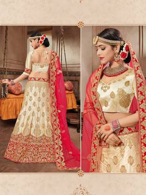 Beige Embroidered Satin Semi Stitched Lehenga With Dupatta 2