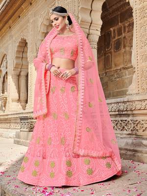 Pink Embroidered Net Semi Stitched Lehenga With Dupatta 1