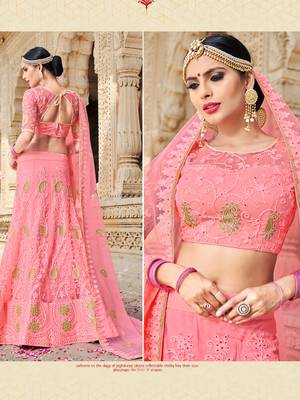 Pink Embroidered Net Semi Stitched Lehenga With Dupatta 2