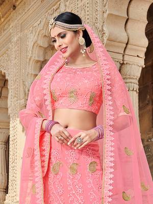 Pink Embroidered Net Semi Stitched Lehenga With Dupatta 3