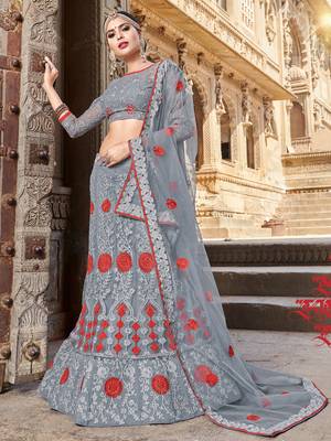 Grey Embroidered Net Semi Stitched Lehenga With Dupatta 1