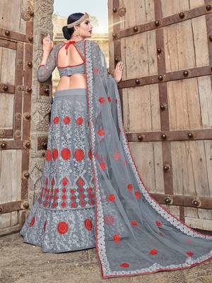 Grey Embroidered Net Semi Stitched Lehenga With Dupatta 2