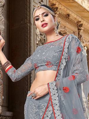 Grey Embroidered Net Semi Stitched Lehenga With Dupatta 3