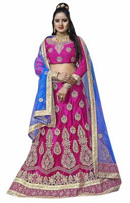 Pink Embroidered Net Semi Stitched Lehenga With Dupatta 1