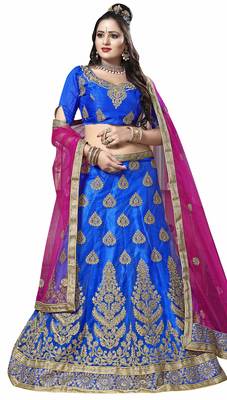 Blue Embroidered Net Semi Stitched Lehenga With Dupatta 1