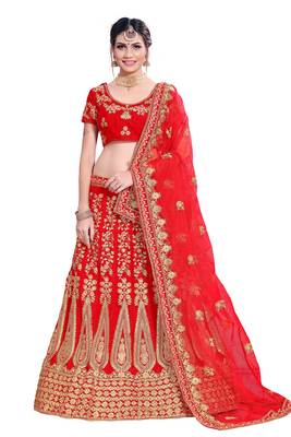 Red Embroidered Velvet Semi Stitched Lehenga With Dupatta 1