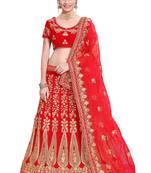 Red Embroidered Velvet Semi Stitched Lehenga With Dupatta