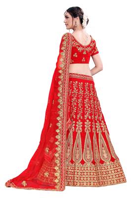 Red Embroidered Velvet Semi Stitched Lehenga With Dupatta 2