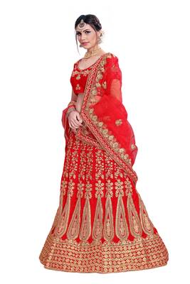 Red Embroidered Velvet Semi Stitched Lehenga With Dupatta 3
