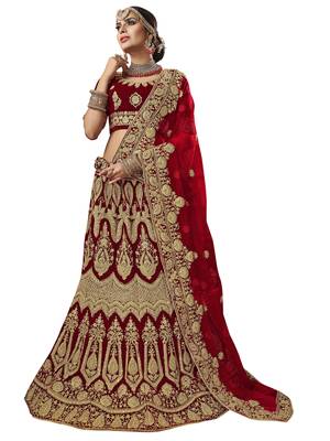 Maroon Embroidered Velvet Semi Stitched Lehenga With Dupatta 1