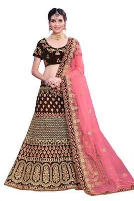 Purple Embroidered Velvet Semi Stitched Lehenga With Dupatta 1