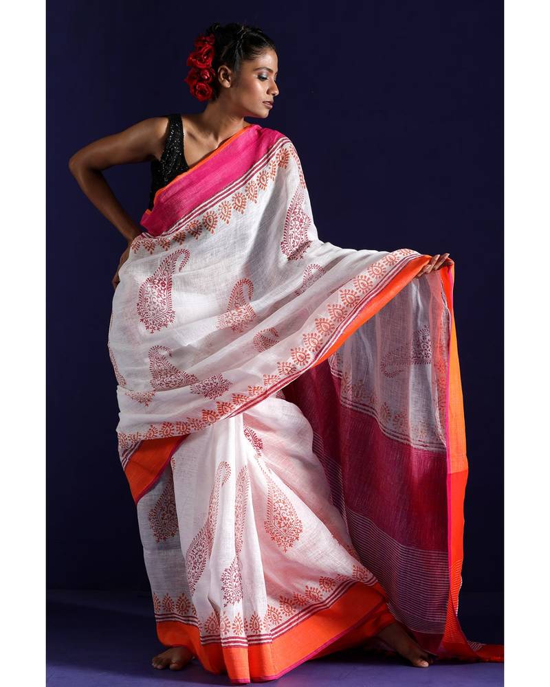 White Linen Saree With Digital Print