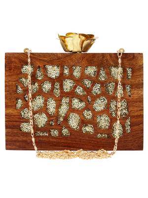 Anekaant Timber Sequins Wooden Party Clutch Bag Brown 1